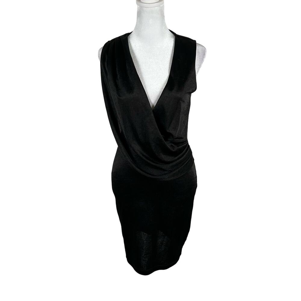 Lulus Bodycon Mock Wrap Dress Sleeveless Black Shiny Small Party Cocktail Club